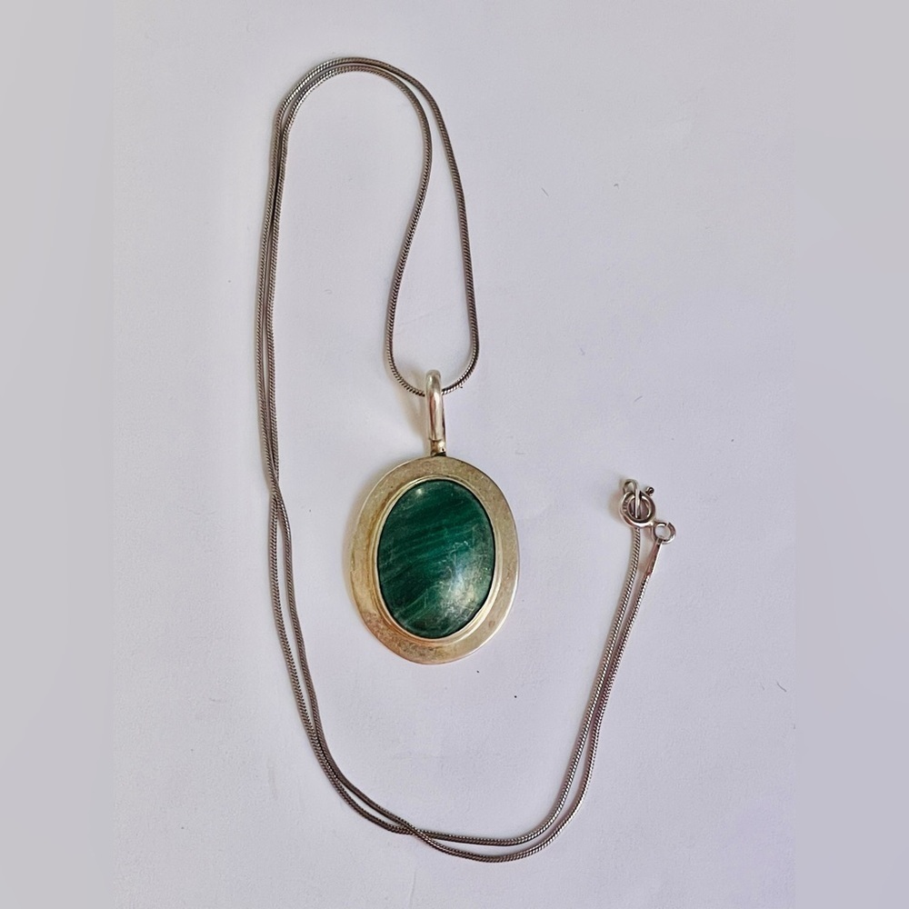 VTG Lot NATIVE AMERICAN STERLING MALACHITE Cabochon Pendant Chain 18”